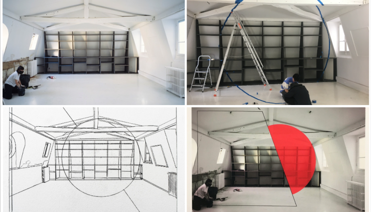 Les différentes étapes du projet d'anamorphose dans la future salle de classe.